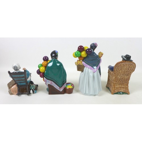 41 - A group of nine Royal Doulton figurines, comprising 'The Old Balloon Seller', HN1315, 18cm high, 'Th... 
