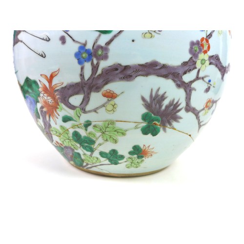 5 - A Chinese porcelain Famille Verte fish bowl, decorated in Kangxi style with two peacocks amongst tre... 