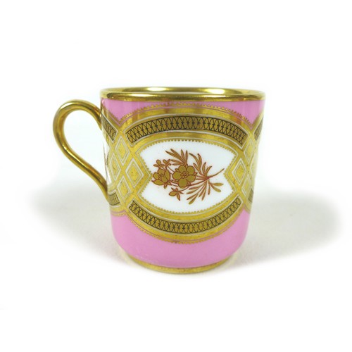 11 - A Victorian Minton part tea and coffee service, decorated with pink band and gilt floral sprays, pat... 
