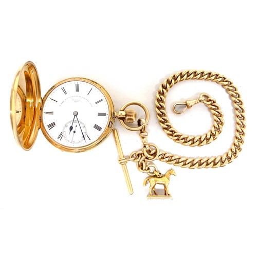 1357 - A 18ct gold pocket watch and Albert watch chain, with gold seal in the form of a race horse, belonge... 