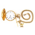 A 18ct gold pocket watch and Albert watch chain, with gold seal in the form of a race horse, belonge... 