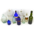 A collection of vintage chemist bottles and others, including a BDH hobnail cobalt Lysol poison bott... 