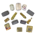 A collection of snuff and vester cases in various forms, in pewter, brass, white metal and silver, i... 
