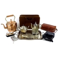 A group of mixed collectables and metal wares, comprising a large copper kettle, two silver plated t... 