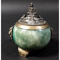 A Chinese silver and jade censer, its lid decorated with a central figure, possibly Quan yin, surrou... 