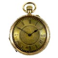 A Continental 19th century 14K yellow gold key wind open faced pocket watch, with engraved floral di... 