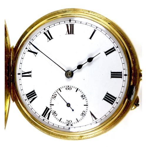 53 - A George V 18ct gold cased half hunter pocket watch, keyless wind, the white enamel dial with black ... 