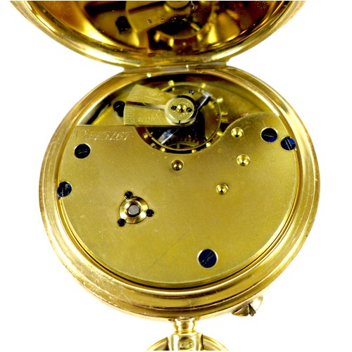 53 - A George V 18ct gold cased half hunter pocket watch, keyless wind, the white enamel dial with black ... 