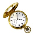 A George V 18ct gold cased half hunter pocket watch, keyless wind, the white enamel dial with black ... 