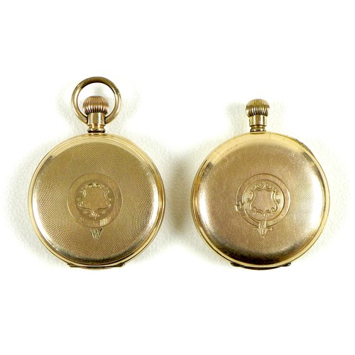 35 - Two gold plated pocket watches, comprising an American Waltham gold plated keyless wind half hunter ... 