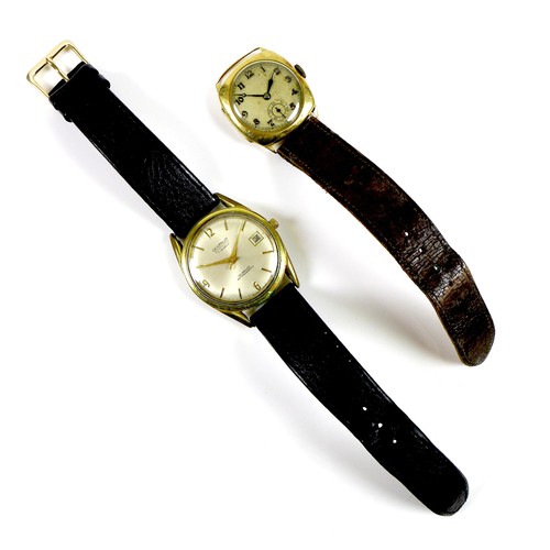 68 - Two gentleman's wristwatches, comprising an Art Deco 18ct gold cushion cased wristwatch, a/f damaged... 