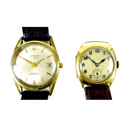 68 - Two gentleman's wristwatches, comprising an Art Deco 18ct gold cushion cased wristwatch, a/f damaged... 