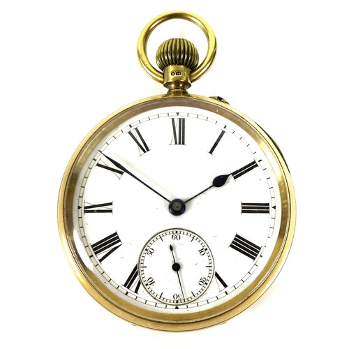 52 - An Edward VII 18ct gold pocket watch, open faced, keyless wind, the white enamel dial with black Rom... 