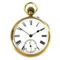 An Edward VII 18ct gold pocket watch, open faced, keyless wind, the white enamel dial with black Rom... 