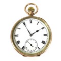 An Edwardian 9ct gold Erlim pocket watch, keyless wind, the white enamel dial with black Roman numer... 