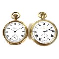 Two gold plated pocket watches, both open faced, keyless wind, with white enamel dials, black Roman ... 