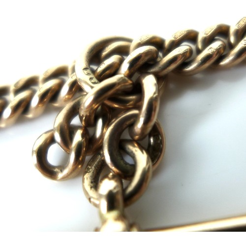 61 - A Victorian 9ct rose gold Albert fob chain, with sliding T bar, each link hallmarked, 38.5cm, 47.7g.