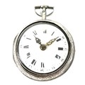 A George III silver pair cased pocket watch, key wind, the outer case with repousse decoration, the ... 