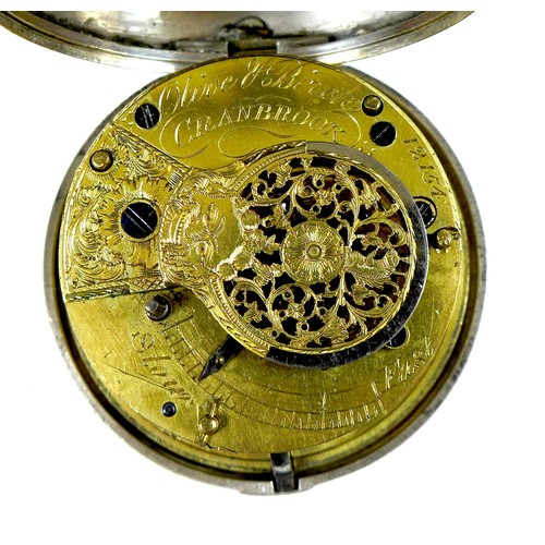 45 - A George III silver pair cased pocket watch, key wind, the white enamel dial with black Arabic numer... 