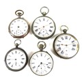 A group of five Victorian and Edwardian silver pocket watches, all open faced, two keyless wind, thr... 