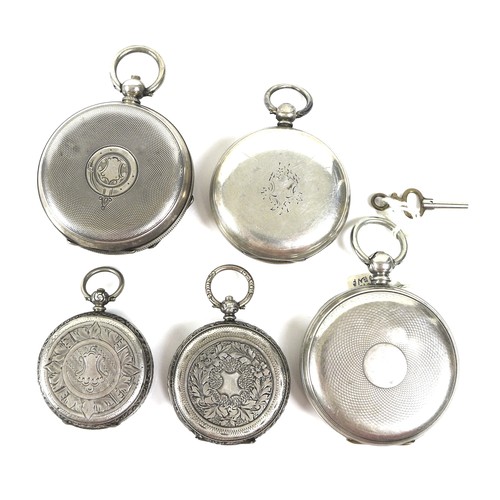 41 - A group of five Victorian and Edwardian silver pocket watches, all open faced, key wind, three gentl... 