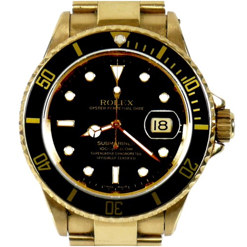 A vintage 18ct gold Rolex Submariner-Date Oyster Perpetual gentleman's wristwatch, circa 1986, reference 16808, serial 9171XXX, the black dial with luminous baton numerals, minute markers, and date aperture at 3 o'clock, signed in gold 'Rolex Oyster Perpetual Date, Submariner, 1000ft 300m, Superlative Chronometer Officially Certified', the 'Cyclops' sapphire crystal with laser engraved Rolex crown signature at 6 o’clock, self-winding movement, signed ‘Rolex’, cal. 3035, 44 jewels, serial 1540XXX, 7.0mm Triplock crown protected by guard, twin screw down pushers, screw down case back stamped inside ‘16800’, '18K', '750', 'Montres Rolex SA Geneva Switzerland', and with Helvetia head mark, on an 18ct gold Rolex bracelet, model 92908, with deployment clasp, stamped '18K', '92908', '750', 'Rolex SA', and with Helvetia head mark, dial 28mm, case 39mm, 44mm across crown, 20mm inside lugs, 156.3g, no original box or papers, but with Rolex service receipt dated 2017, new green soft service case, and Rolex Service Guarantee card and booklet.
Notes: in very good working condition, all functions appear to work well, winds and hands set well, keeps time across 1hr test, however Batemans cannot guarantee its continued operation, there are scratches and wear to the bracelet from use but the case, dial and movement are in very good condition, there is no box or any papers.
Purchased by vendor circa 2011 and rarely worn, serviced in 2017 by Rolex.