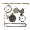 A group of four pocket watches, including an Ingersoll Yankee Radiolite, top wind, with black face a... 