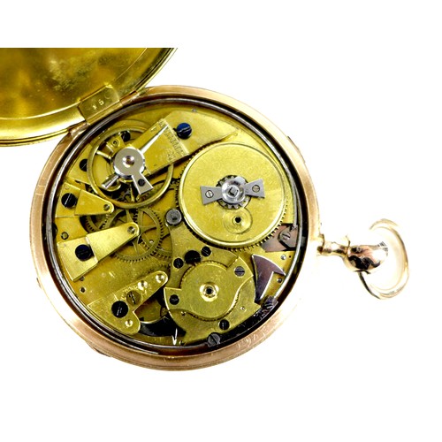 51 - A Continental 10ct gold open faced pocket watch, circa 1900, key wind, quarter repeating with depres... 