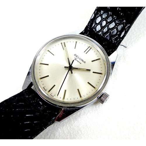 72 - A vintage Delvina Geneve stainless steel cased gentleman's wristwatch, circa 1970, circular silvered... 