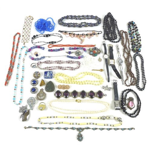 90 - A collection of costume jewellery, comprising mostly necklaces, a vintage coral example, faux pearls... 