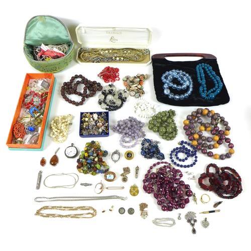 104 - A large collection of costume jewellery, including several silver, gold and amber items. (1 bag)