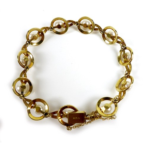 182 - A vintage Mikimoto 18ct gold and cultured pearl bracelet, orb and leaf design, with safety chain, ma... 