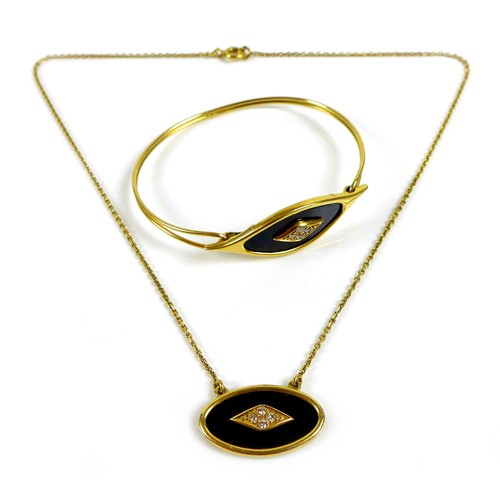 178 - An 18ct gold, black enamel and diamond bangle and necklace demi-parure set, each set to the centre w... 