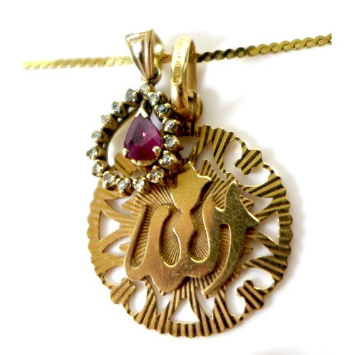 185 - A group of three 18ct gold necklaces, one with a double kris design, the others with 18ct gold penda... 