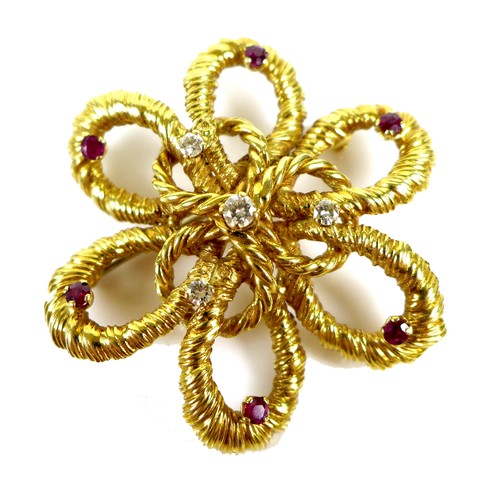 186 - An 18ct gold, diamond and ruby flower brooch, the petals formed as twisted rope design loops, set wi... 