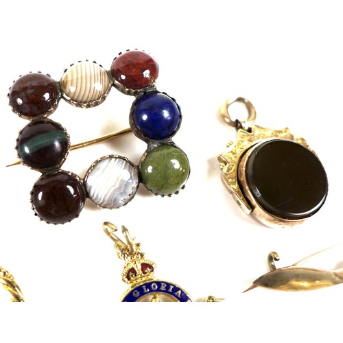 107 - A small group of gold jewellery, including a swivel fob. (1 bag)