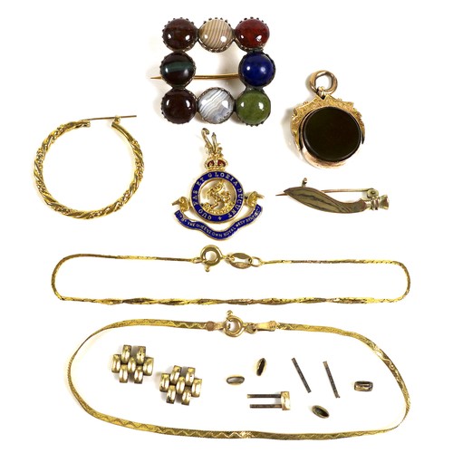 107 - A small group of gold jewellery, including a swivel fob. (1 bag)