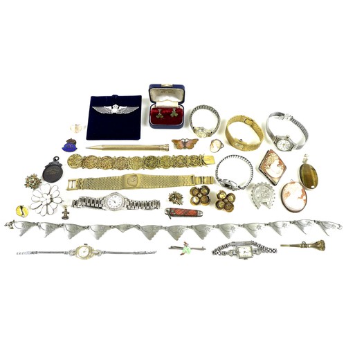 109 - A collection of costume jewellery and wristwatches, including a modern silver parachute regiment bro... 