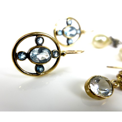 115 - A group of drop earrings, comprising a pair set in 9ct gold with blue topaz in a cross design, 3cm l... 