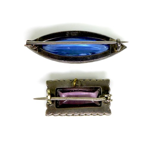 116 - Two 19th century silver brooches, the first of rectangular form with central amethyst surrounded by ... 