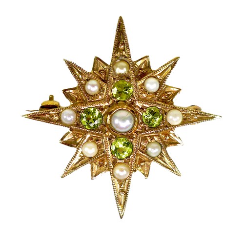88 - A 9ct gold starburst brooch set with peridot and pearls, 3.1cm diameter, 4.0g.
