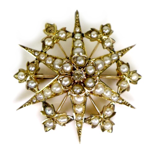 92 - A 9ct gold, pearl and diamond starburst brooch, a/f one pearl missing, 3.4cm diameter, 5.3g.