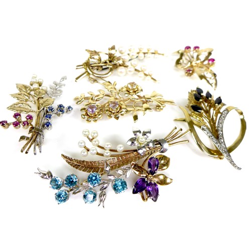 183 - A group of six 9ct gold spray brooches, one set with deep blue sapphires and diamond chips, another ... 