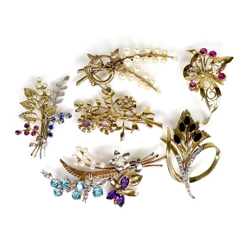 183 - A group of six 9ct gold spray brooches, one set with deep blue sapphires and diamond chips, another ... 