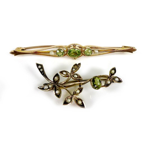 103 - Two 9ct gold brooches set with peridot and pearls, largest 6.2cm, 6.7g combined. (2)