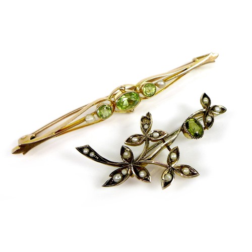 103 - Two 9ct gold brooches set with peridot and pearls, largest 6.2cm, 6.7g combined. (2)