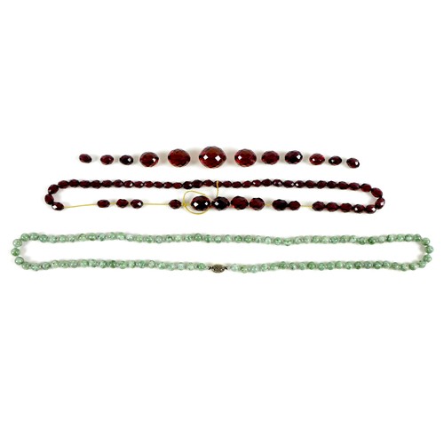 102 - Two vintage necklaces, comprising a jade bead necklace, of eighty eight beads, each 8.2mm diameter, ... 