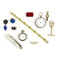 A 9ct gold fob watch case with Arabic dial, yellow metal chain and 9ct gold clasp with steel pin, ov... 