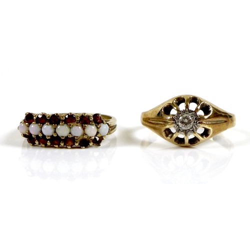 114 - Two 9ct gold rings, comprising a diamond solitaire gypsy ring, with 2mm diameter round cut diamond, ... 