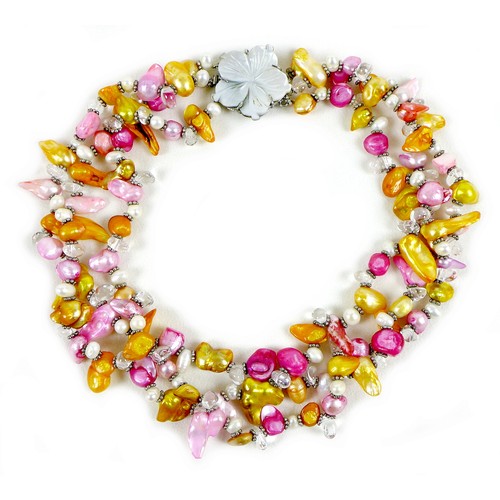 96 - A Chinese multicoloured blister and baroque pearl necklace, the pink, orange, and white pearls inter... 